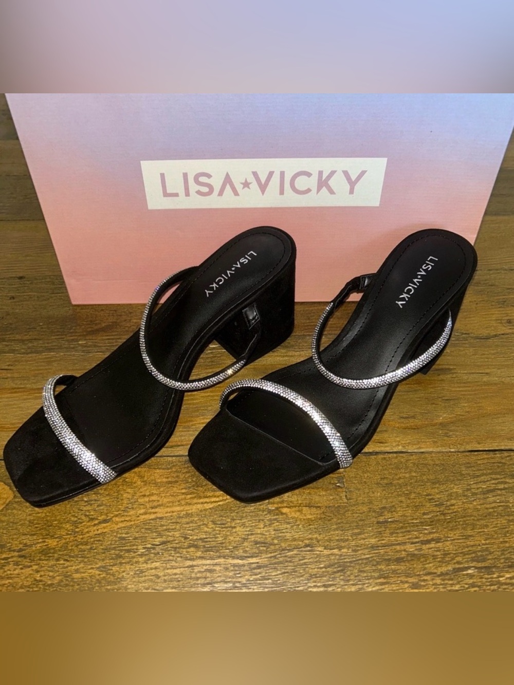 LISA VICKY Mood Pavé Block Heel Slide Black and Rhinestones Women's Sandals